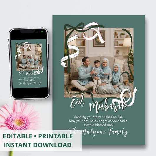 Sage Green Modern Ribbon Family Photo Eid Mubarak Feestdagenkaart