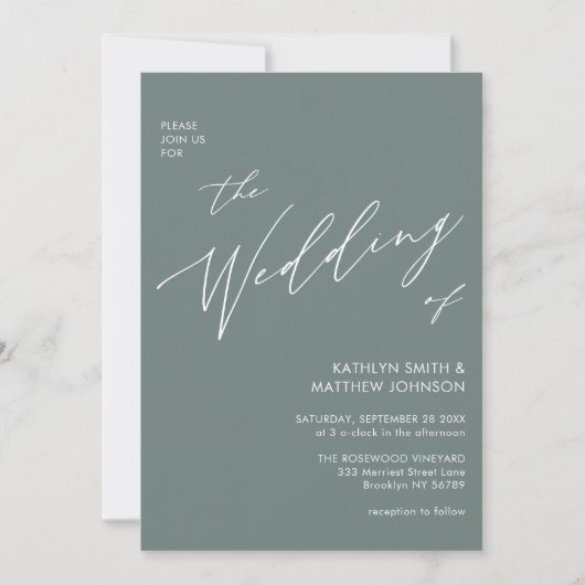 Sage Green Modern Script All in One Simple Wedding Kaart (Voorkant)