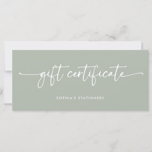 Sage Green Modern Script | Cadeaubon (Voorkant)