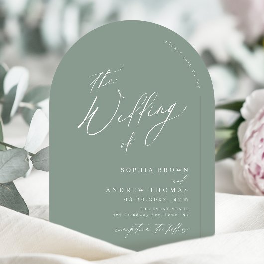 Sage Green modern script minimalist arch wedding Kaart