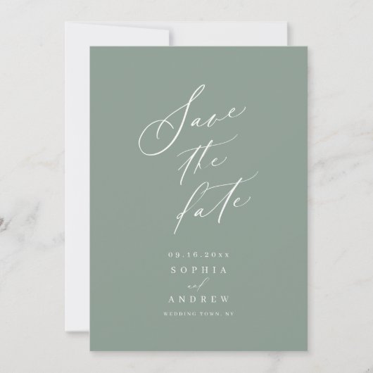 Sage Green modern script minimalistisch save the d Date (Voorkant)