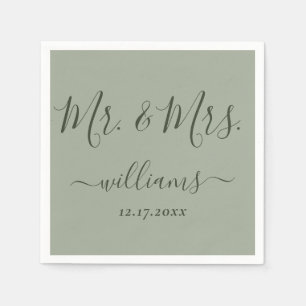 Sage Green Modern Script Mr en Mrs Wedding Servet