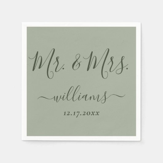 Sage Green Modern Script Mr en Mrs Wedding Servet (Voorkant)