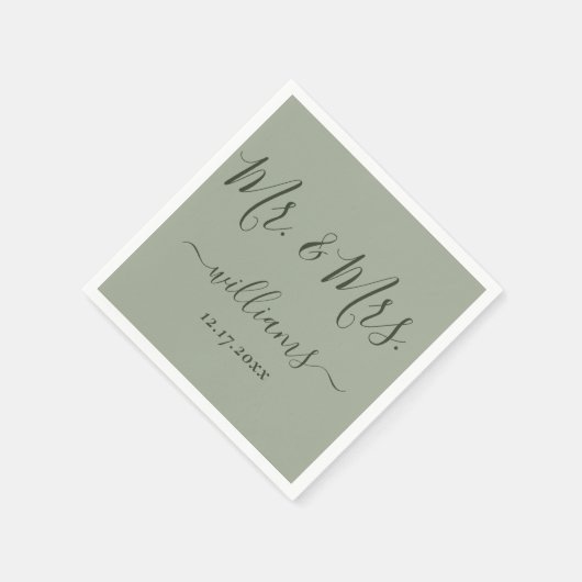 Sage Green Modern Script Mr en Mrs Wedding Servet (Hoek)