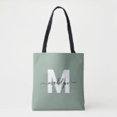 Sage Green Modern Script Naam Monogram Tote Bag (Voorkant)
