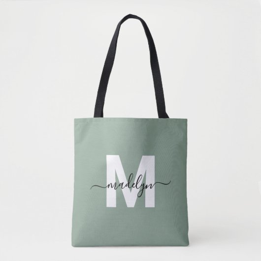 Sage Green Modern Script Naam Monogram Tote Bag (Voorkant)