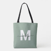 Sage Green Modern Script Naam Monogram Tote Bag (Achterkant)