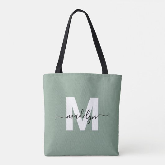 Sage Green Modern Script Naam Monogram Tote Bag (Achterkant)