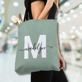 Sage Green Modern Script Naam Monogram Tote Bag