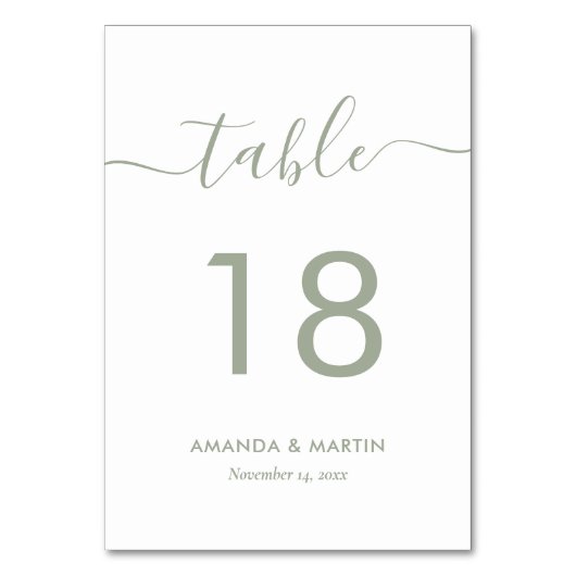 Sage Green Modern Script Table Number Kaart (Voorkant)