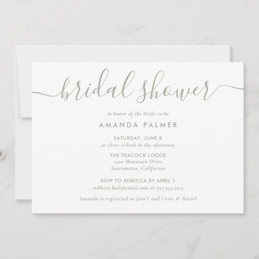 Sage Green Modern Script Vrijgezellenfeest Kaart (Voorkant)