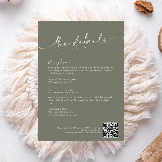 Sage Green Modern Script Wedding Details Informatiekaartje