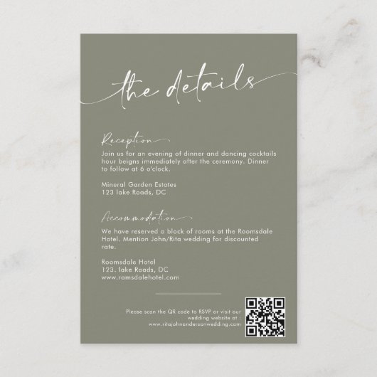 Sage Green Modern Script Wedding Details Informatiekaartje (Voorkant)