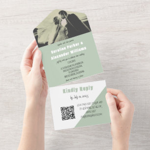 Sage Green Modern Simple QR Code Bold Photo All In One Uitnodiging