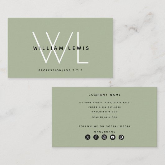 Sage Green Modern Social Media Pictogram Visitekaartje (Voorkant / Achterkant)