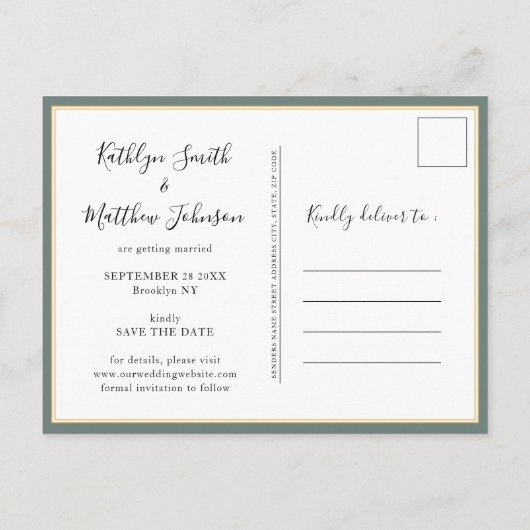 Sage Green Modern Typography Simple Photo Wedding Aankondigingskaart (Achterkant)