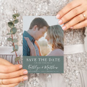 Sage Green Modern Typography Simple Photo Wedding Aankondigingskaart