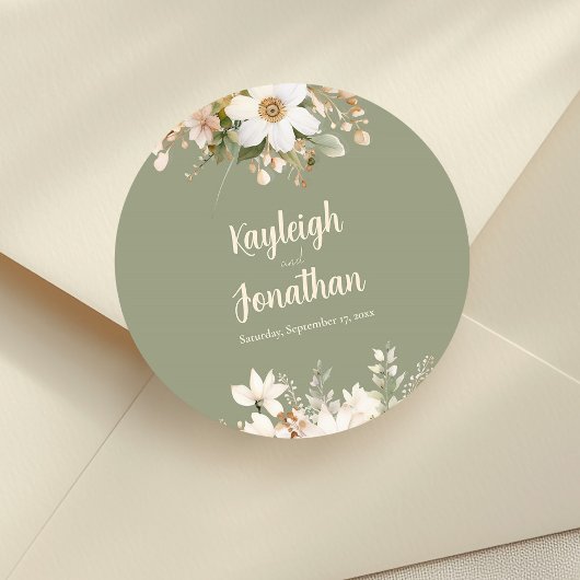 Sage Green Modern Waterverf Floral Wedding Ronde Sticker