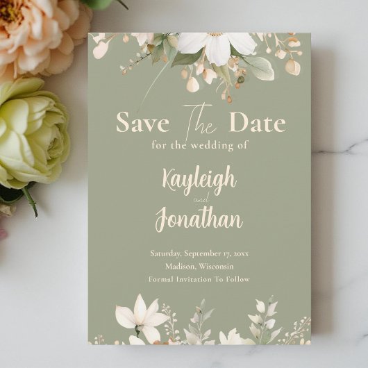 Sage Green Modern Waterverf Floral Wedding Save The Date