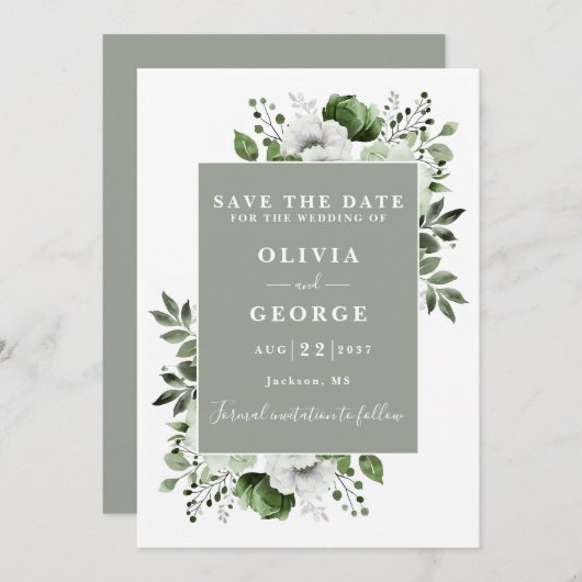 Sage Green Modern Waterverf Floral Wedding Save The Date (Voorkant / Achterkant)