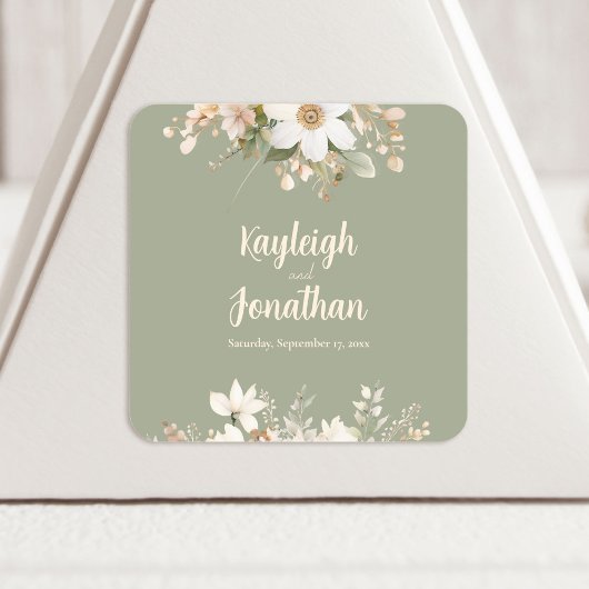 Sage Green Modern Waterverf Floral Wedding Vierkante Sticker