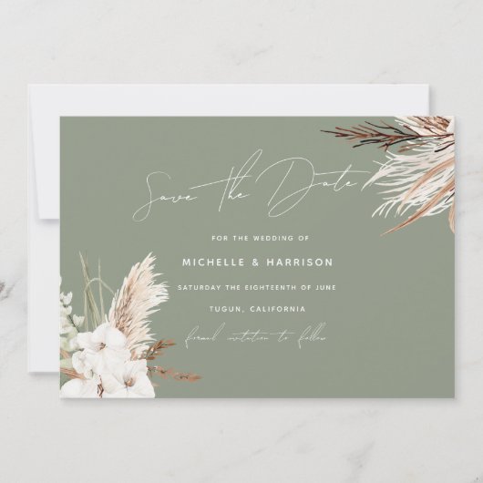 Sage Green Modern White Bohemian Floral Wedding Save The Date (Voorkant)