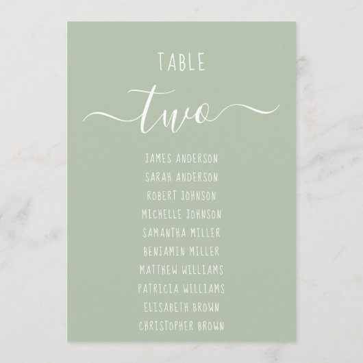 Sage Green Modern White Script Seating Chart Card (Achterkant)