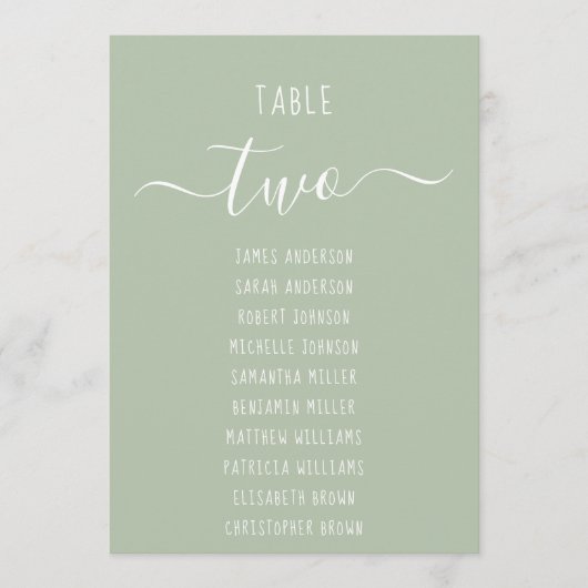 Sage Green Modern White Script Seating Chart Card (Voorkant)