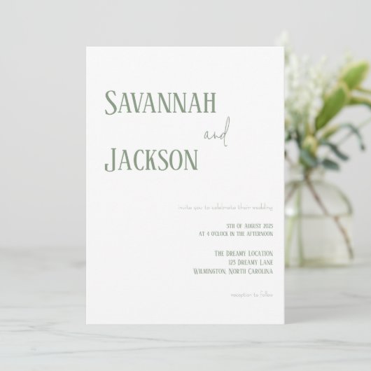 Sage Green Moderne Elegante Huwelijksuitnodiging Kaart (Staand voorkant)
