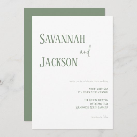 Sage Green Moderne Elegante Huwelijksuitnodiging Kaart (Voorkant / Achterkant)
