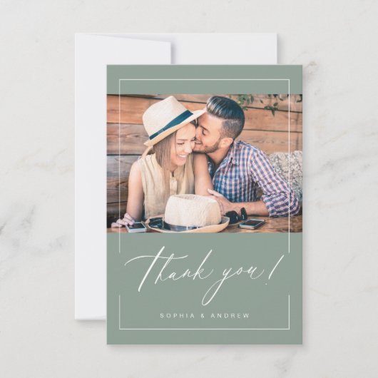Sage Green moderne elegante script foto bruiloft Bedankkaart (Voorkant)
