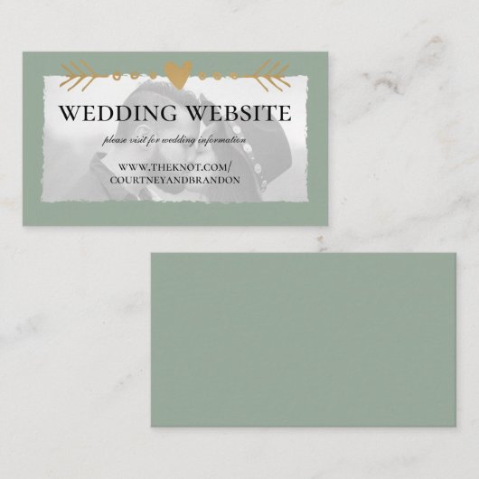 Sage Green Moderne Foto Goud Hart Trouwwebsite Informatiekaartje (Voorkant / Achterkant)