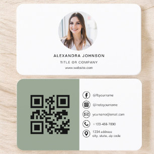 Sage Green Moderne Foto met QR Code Sociale Media Visitekaartje