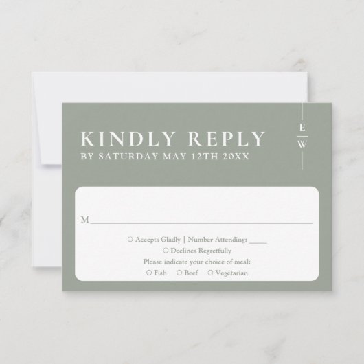 Sage Green Moderne Minimalistische Monogram Huweli RSVP Kaartje (Voorkant)