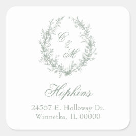 Sage Green Monogram Bloemen Krans Trouwen Vierkante Sticker
