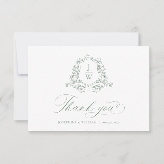Sage Green Monogram Bloemkam Elegante Huwelijk Bedankkaart (Voorkant)
