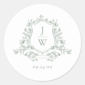 Sage Green Monogram Bloemkam Elegante Huwelijk Ronde Sticker (Voorkant)