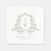 Sage Green Monogram Bloemkam Elegante Huwelijk Servet (Voorkant)