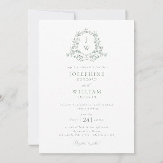 Sage Green Monogram Bloemkam Huwelijk Kaart (Voorkant)