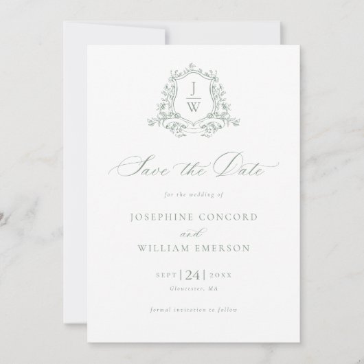 Sage Green Monogram Bloemkam Huwelijk Save The Date (Voorkant)