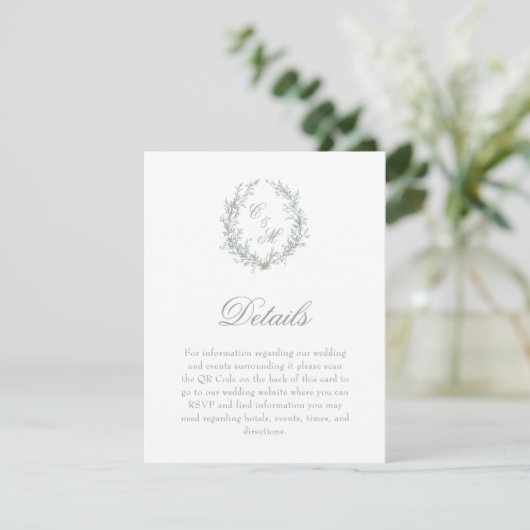 Sage Green Monogram Botanische Krans Details Informatiekaartje (Staand voorkant)