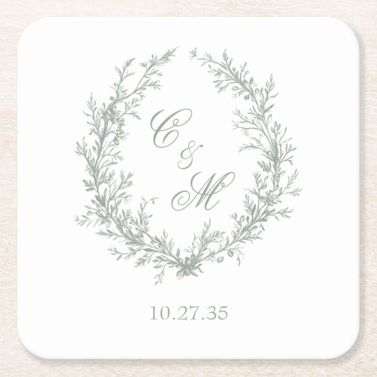 Sage Green Monogram Botanische Krans Trouwen Kartonnen Onderzetters (Voorkant)