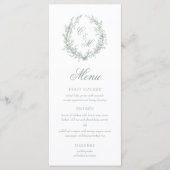 Sage Green Monogram Botanische Krans Trouwen Menu (Voorkant)