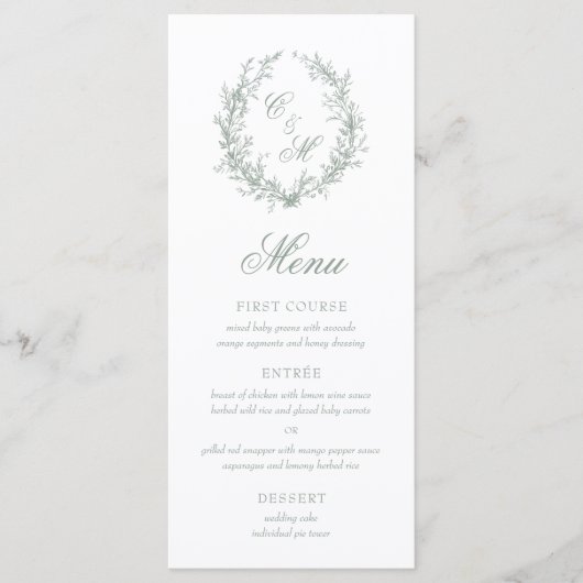 Sage Green Monogram Botanische Krans Trouwen Menu (Voorkant)