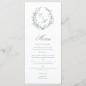 Sage Green Monogram Botanische Krans Trouwen Menu (Voorkant)