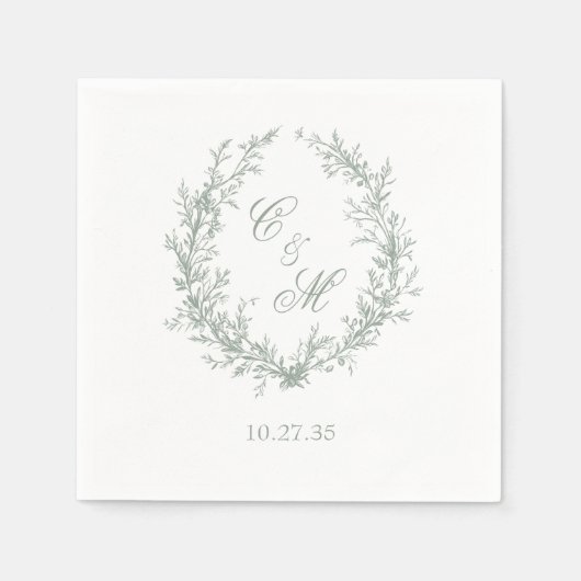 Sage Green Monogram Botanische Krans Trouwen Servet (Voorkant)