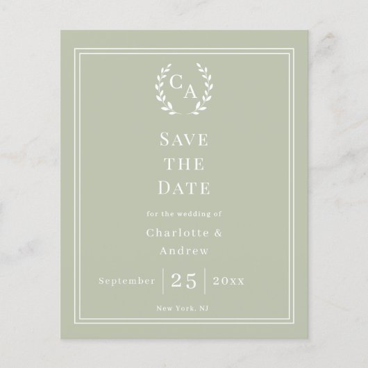 Sage green monogram budget wedding Save the Date  Flyer (Voorkant)