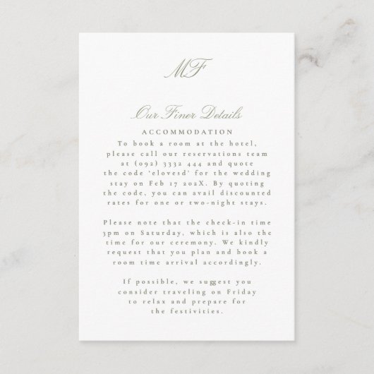 Sage Green Monogram Classic Wedding Details Info Informatiekaartje (Voorkant)