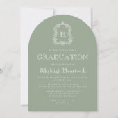 Sage Green Monogram Crest Arch Graduation Party Kaart (Voorkant)