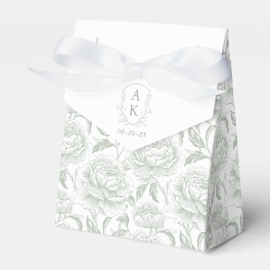 Sage Green Monogram Crest Chinoiserie Peonies Bedankdoosjes (Voorkant Zijde)